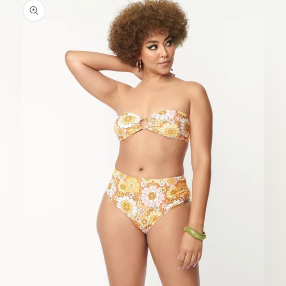 Unique Vintage NWT Magnolia Place Mustard Floral Print Two Piece Swimsuit SET - Picture 5 of 6